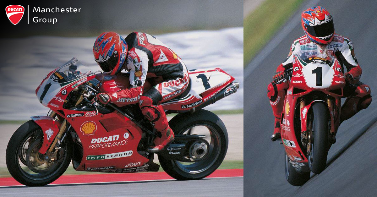 Carl Fogarty on track on the iconic Ducati 916 SBK 1999